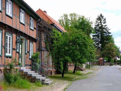 Quiet village street lined with traditional brick houses and trees.